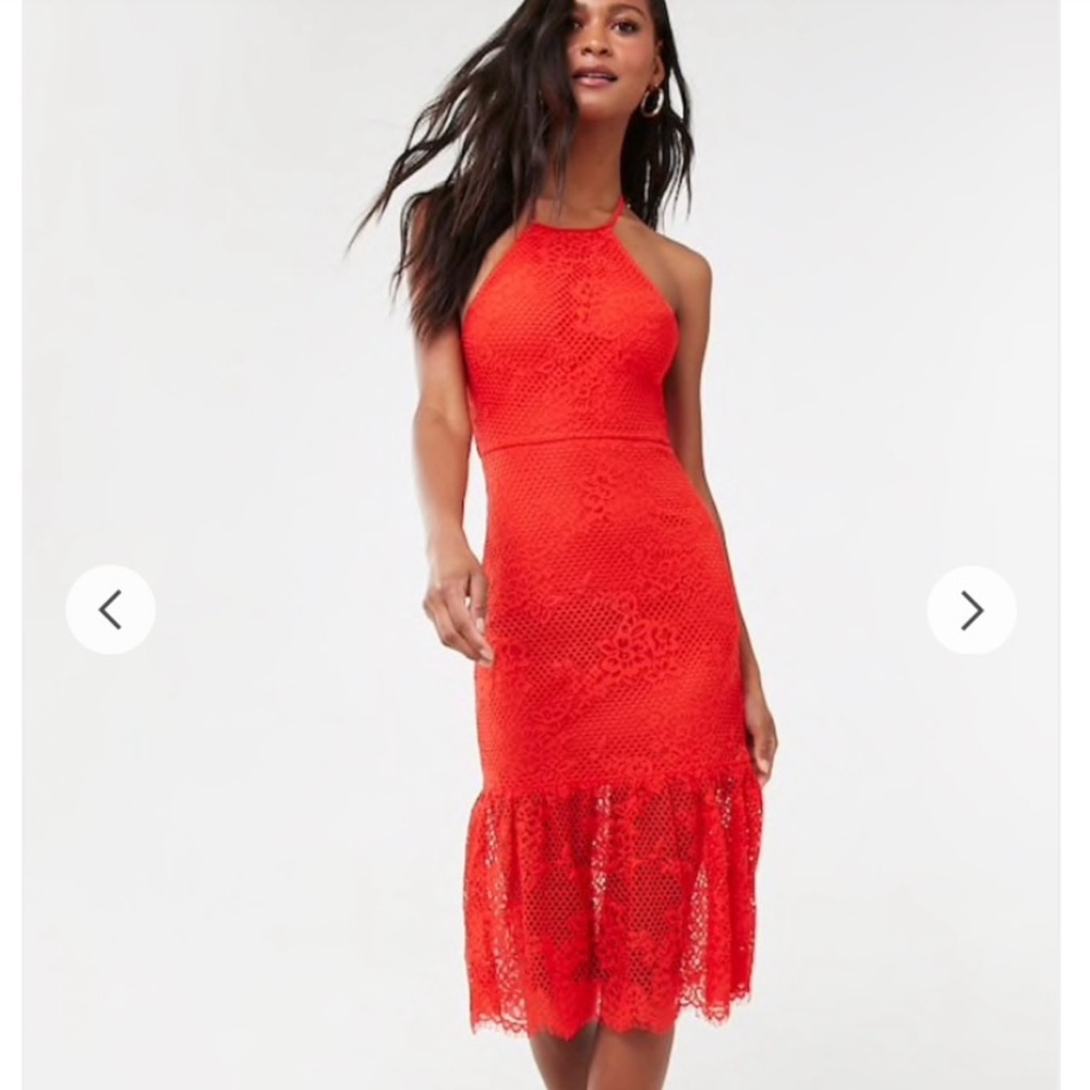 Red Orange Lace Lined Halter Dress